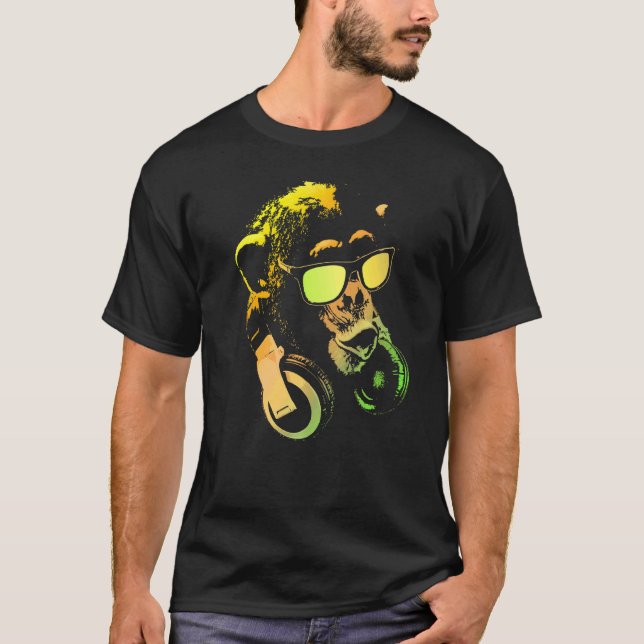 Camiseta Macaco Chimpancé Com Óculos De Sol E Fones De Ouvi (Frente)