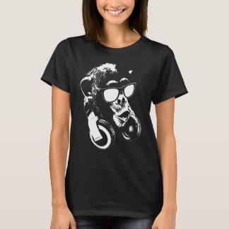 Camiseta Macaco Chimpanzé Com Fones de Ouvido e Óculos de S