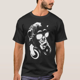 Camiseta Macaco Chimpanzé Com Fones de Ouvido e Óculos de S