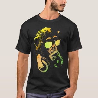 Camiseta Macaco Chimpanzé Com Óculos De Sol E Fones De Ouvi