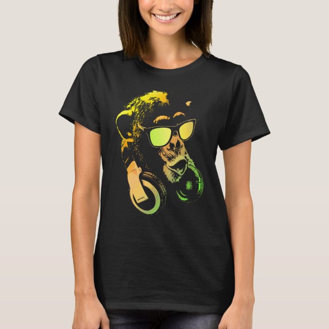 Camiseta Macaco Chimpanzé Com Óculos De Sol E Fones de ouvi (Frente)