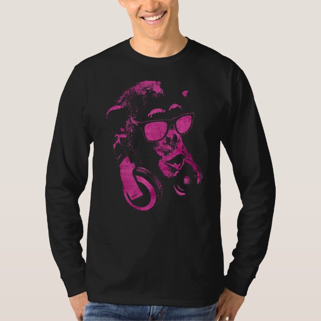 Camiseta Macaco Chimpanzé Com Óculos De Sol E Fones de ouvi (Frente)