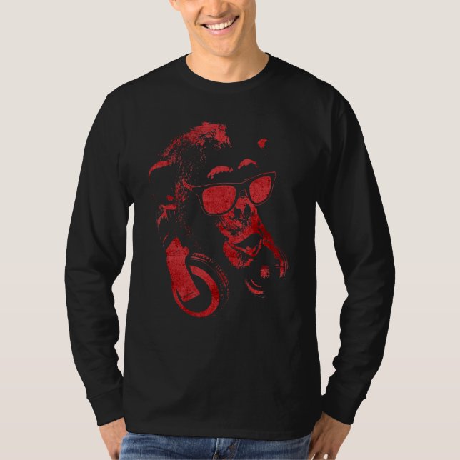 Camiseta Macaco Chimpanzé Com Óculos De Sol E Fones de ouvi (Frente)