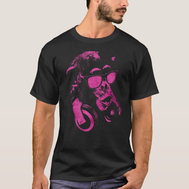 Camiseta Macaco Chimpanzé Com Óculos De Sol E Fones de ouvi (Frente)