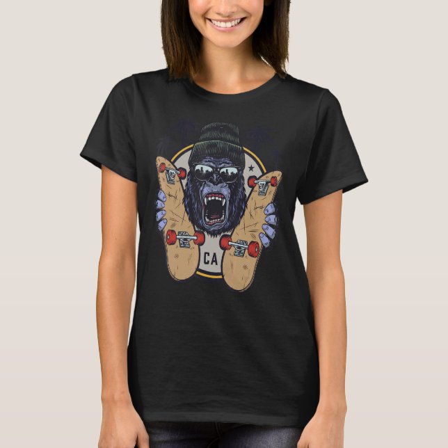 Camiseta Macaco Chimpanzé Com Óculos De Sol E Skateboard 1 (Frente)