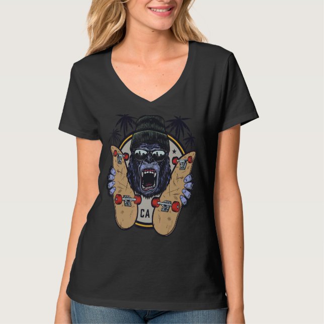 Camiseta Macaco Chimpanzé Com Óculos De Sol E Skateboard 1 (Frente)