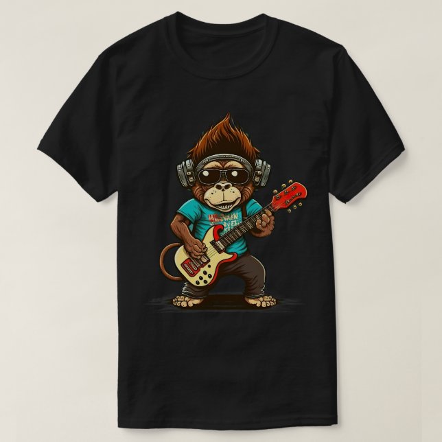 Camiseta Macaco Chimpanzé Tocando Violão Acústico (Frente do Design)