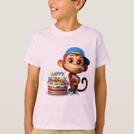 Camiseta Macaco com Boné de Beisebol e um Bolo, Feliz Anive