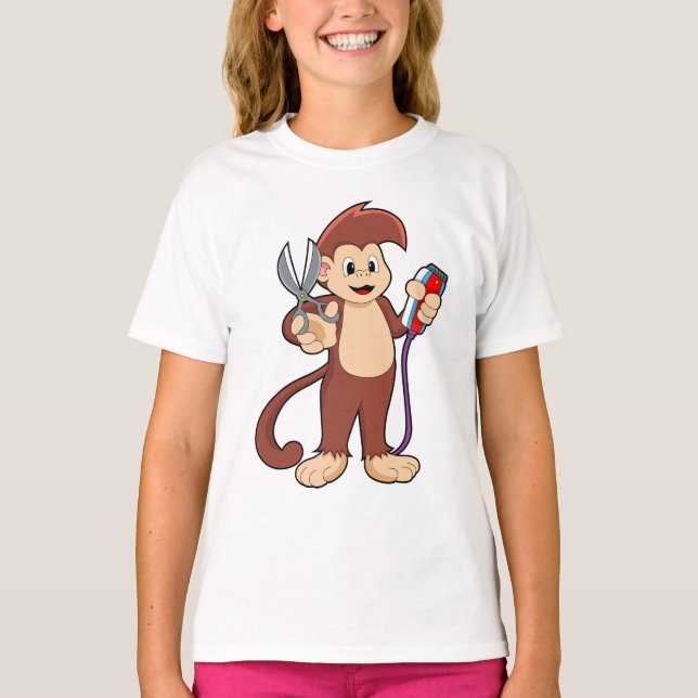 Camiseta Macaco como cabeleireiro com tesoura e Razor (Frente)