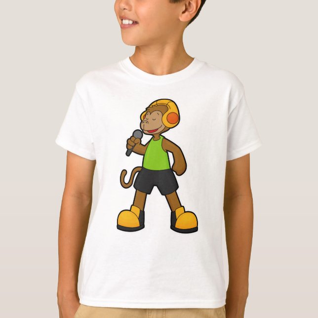 Camiseta Macaco como cantor com microfone e fone de ouvido (Frente)