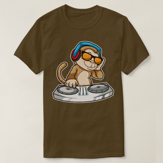 Camiseta Macaco como DJ com Fones de ouvido Misturando mesa (Frente do Design)