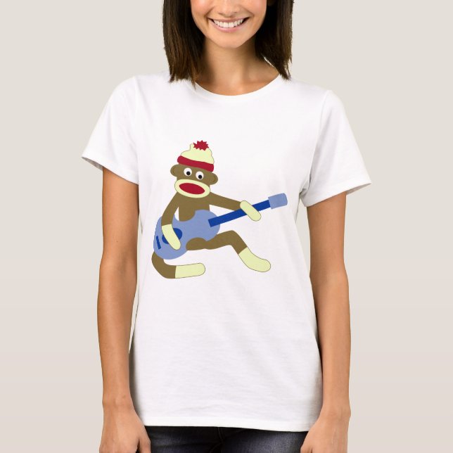 Camiseta Macaco da peúga que joga a guitarra azul (Frente)