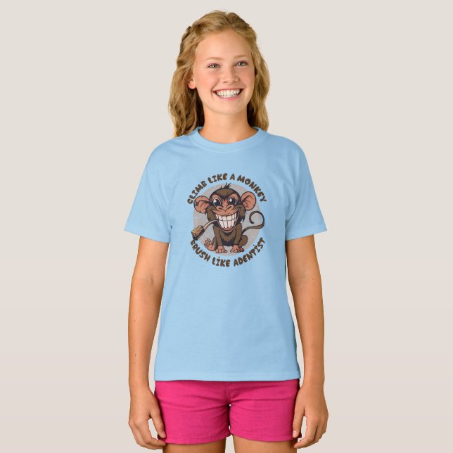 Camiseta Macaco de Cartoon Reproduzido | Crianças T-Shirt (Frente Completa)
