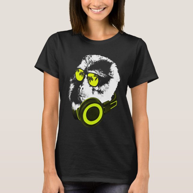 Camiseta Macaco Dj Com Fones de ouvido E Festa De Óculos De (Frente)