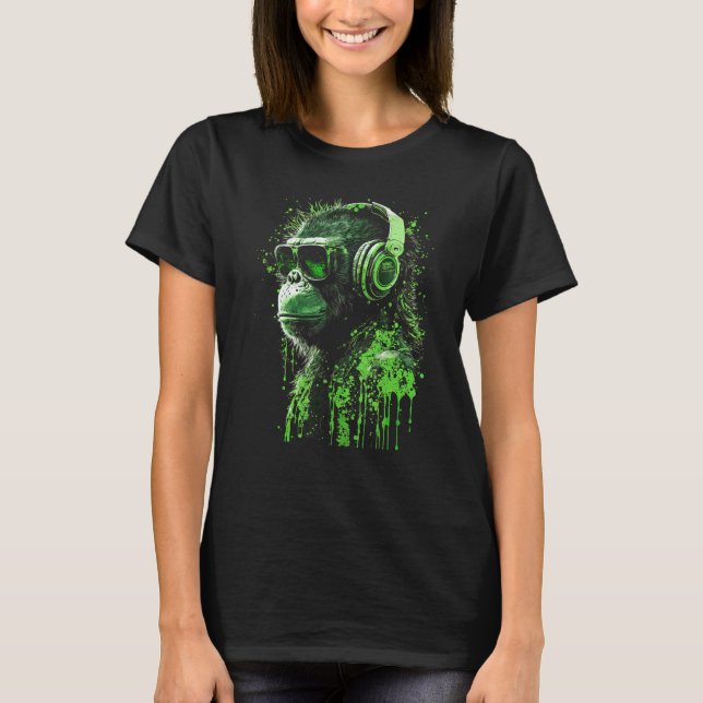 Camiseta Macaco DJ Com Fones de ouvido E Óculos De Sol 1 (Frente)