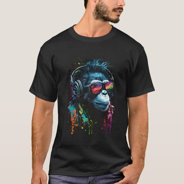 Camiseta Macaco Dj Com Fones de ouvido E Óculos De Sol Disc (Frente)