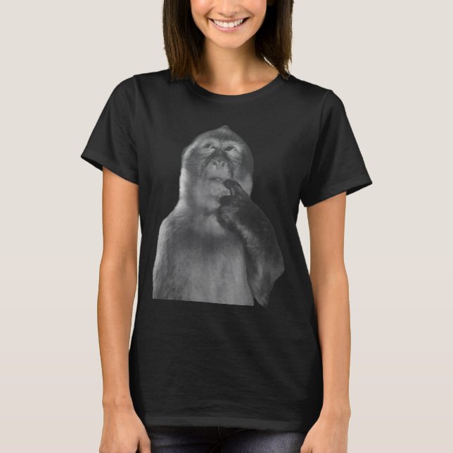 Camiseta Macaco Engraçado Pensando Meme Macaco Curioso Rota (Frente)