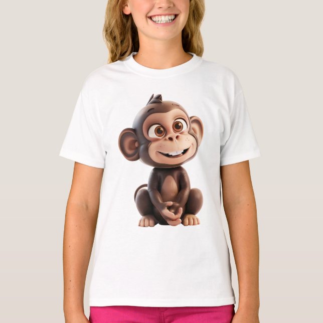 Camiseta Macaco Feliz em 3D – Desenho Animado de Macaco Sor (Frente)