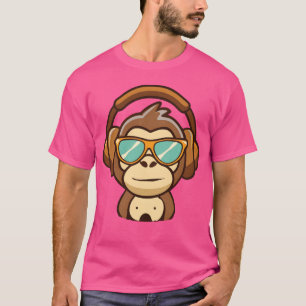 Camiseta macaco fofo de música com amigo de fone de ouvido