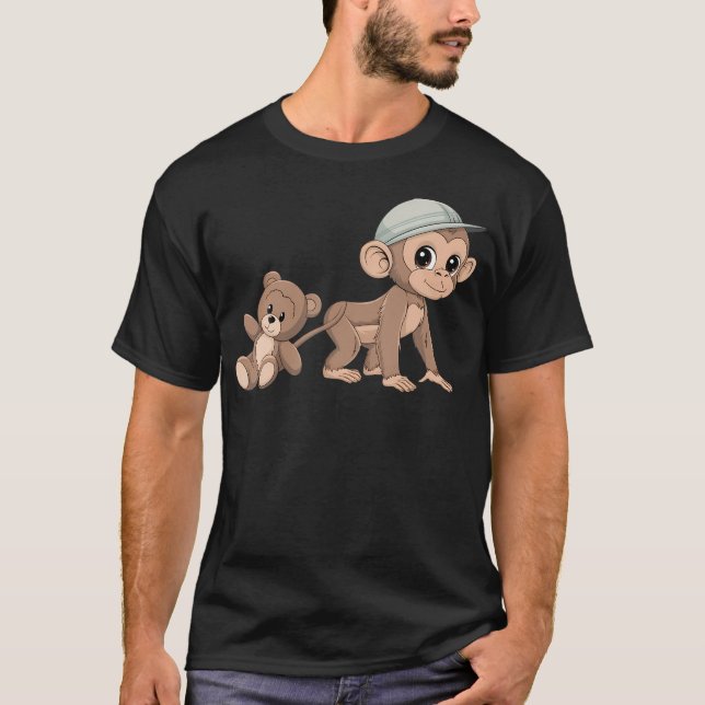 Camiseta Macaco Macaco Com Urso De Pelúcia Abraço Segure (Frente)