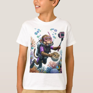Camiseta Macaco mergulhador selfie com peixe globo mal-humo