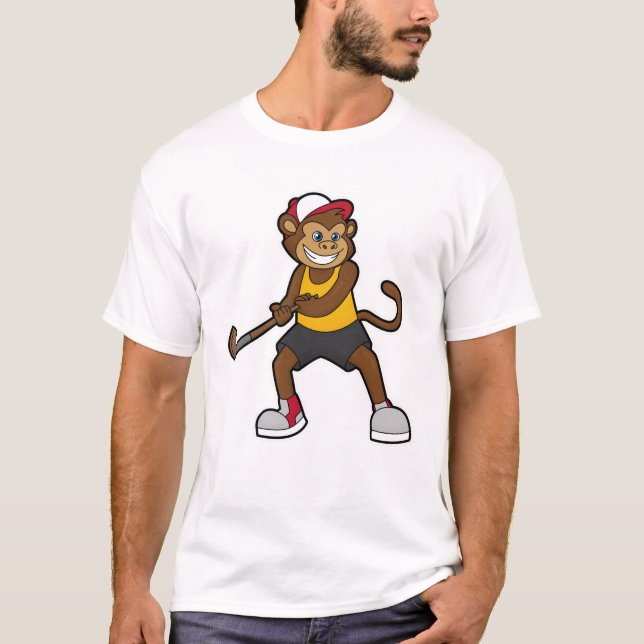 Camiseta Macaco no Hockey com palito de Hockey (Frente)