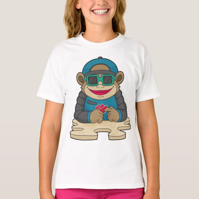 Camiseta Macaco no Poker com cartões de pôquer e óculos esc (Frente)