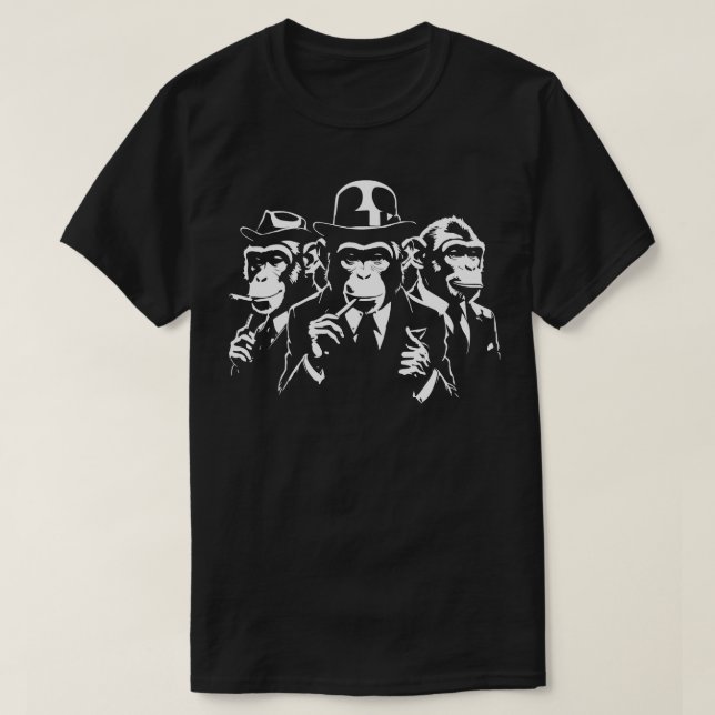 Camiseta macacos-gangsta em fatos fumando charutos (Frente do Design)
