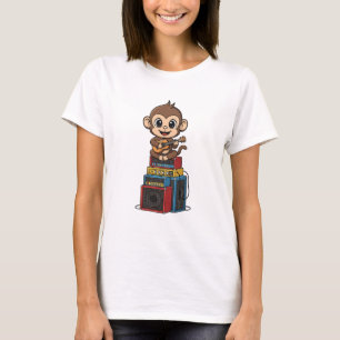 Camiseta Macaquinho Desenhado Fofo Tocando Ukulele