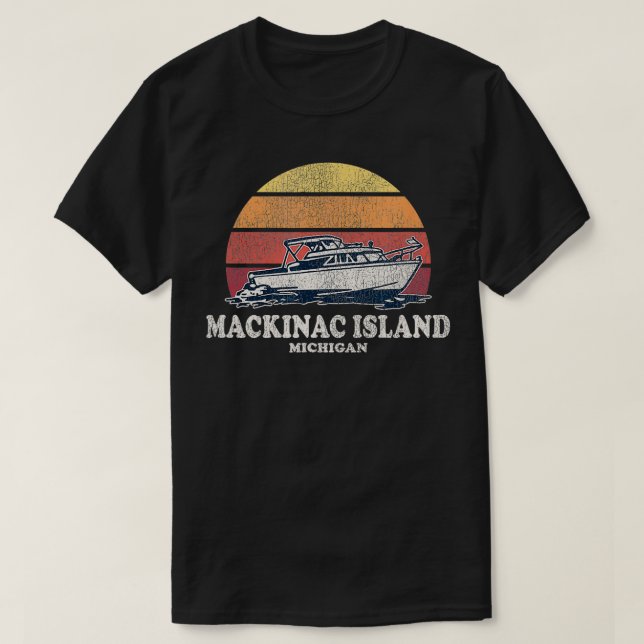 Camiseta Mackinac Island MI Vintage Barco 70s (Frente do Design)