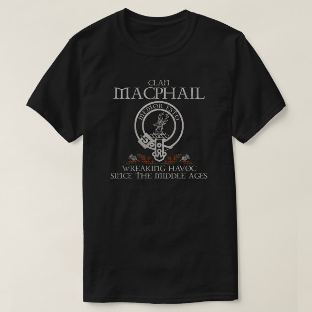 Camiseta Macphail Clan crest sobrenome escocês tartan Thist (Frente do Design)