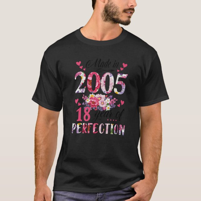 Camiseta Made In 2005 Floral 18 Year Old 18th Birthday  Wom (Frente)