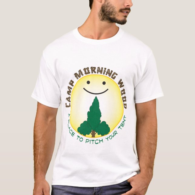 Camiseta Madeira da manhã do acampamento (Frente)