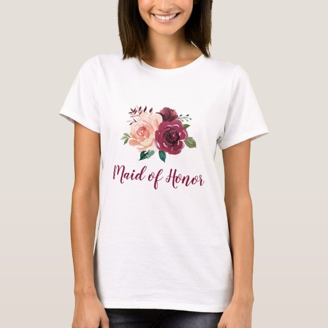 Camiseta Madrinha de casamento Floral Blush Pink Burgundy (Frente)
