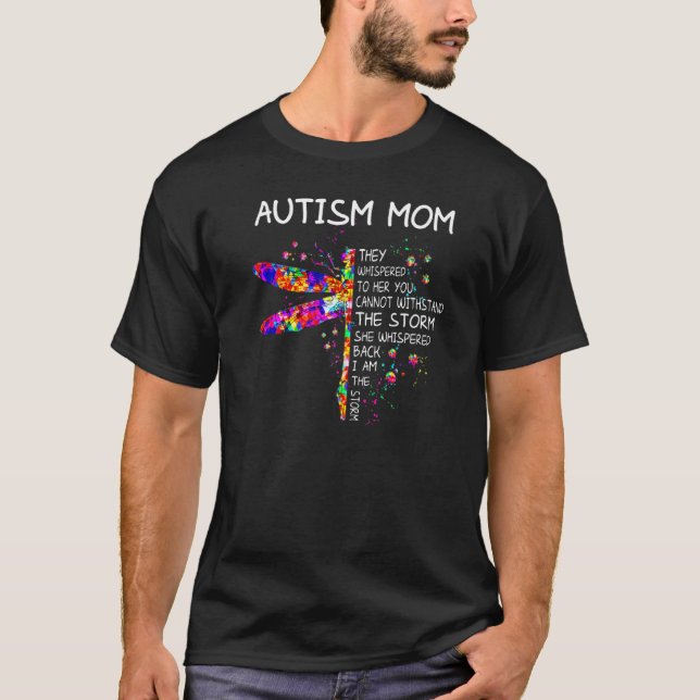 Camiseta Mãe Autismo Libélula Coque Desarrumado Dia de Cons (Frente)