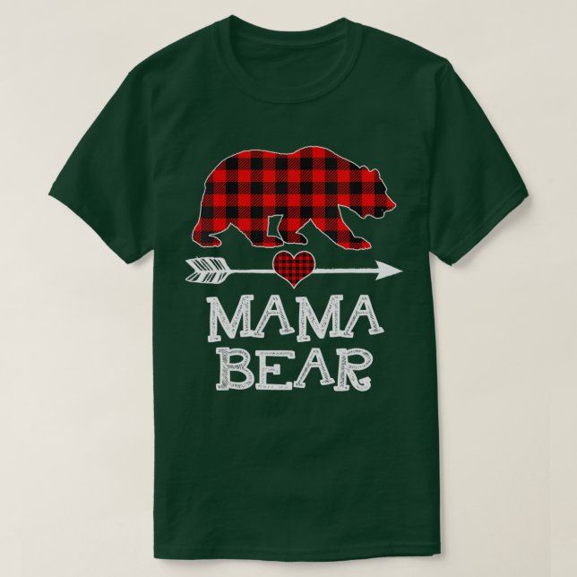 Camiseta Mãe Bear Natal Pajama Red Xadrez Buffalo Família (Frente do Design)