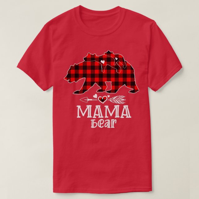 Camiseta Mãe Bear Natal Pajama Red Xadrez Buffalo Família (Frente do Design)