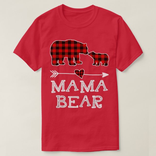 Camiseta Mãe Bear Natal Pajama Red Xadrez Buffalo Família (Frente do Design)