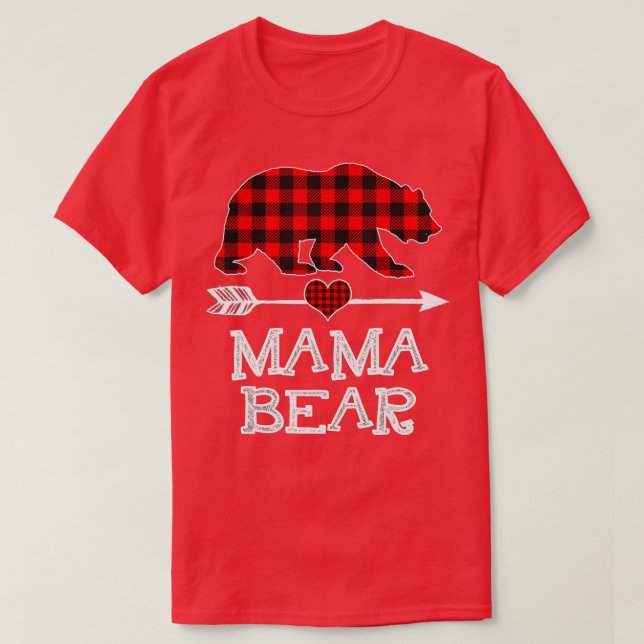 Camiseta Mãe Bear Natal Pajama Red Xadrez Buffalo Família (Frente do Design)