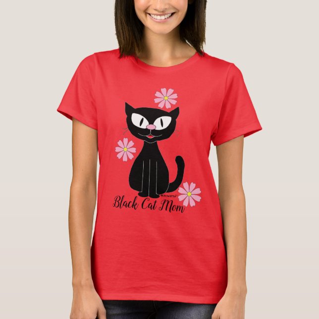 Camiseta Mãe de Gato Preto com Lindas Flores Rosas Amante d (Frente)
