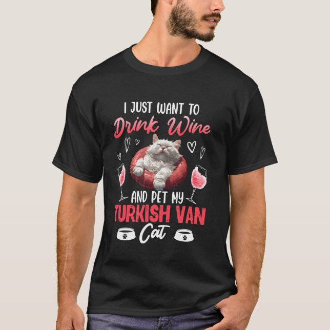 Camiseta Mãe de Gato QUER BEBER VINHO E ACARICIAR MEU VAN T (Frente)