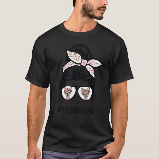 Camiseta Mãe de gato Sphynx com cabelo coque desarrumado e  (Frente)