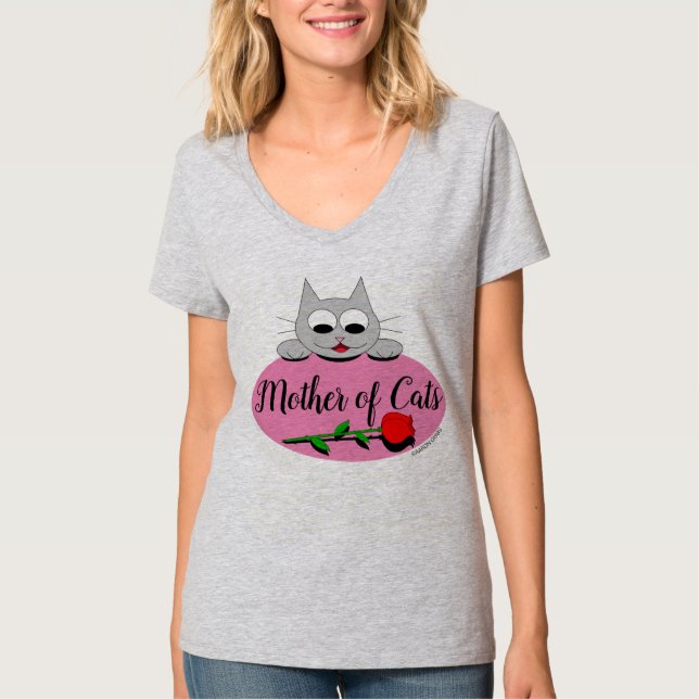 Camiseta Mãe de Gatos com Rosa vermelha Gato Lover V Pescoç (Frente)