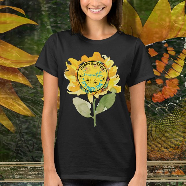 Camiseta Mãe de girassol Garota negra (Sunflower Mom's Birthday Girl Black T-Shirt)