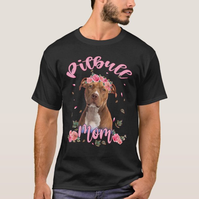 Camiseta Mãe de Pitbull Fofa Flor Cachorro Mulheres (Frente)