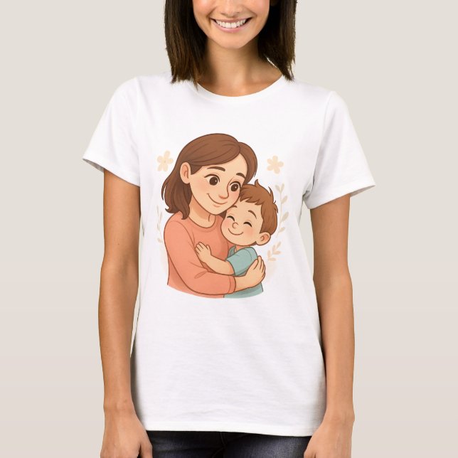 Camiseta Mãe e Filho Hug Cartoon T-Shirt Bonito Dia da Mãe (Frente)