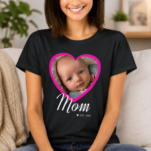 Camiseta Mãe Estabeleceu Roteiro Coração Rosa Foto Preta