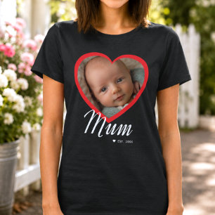 Camiseta Mãe Estabelecida Roteiro Coração Vermelho Foto Pre