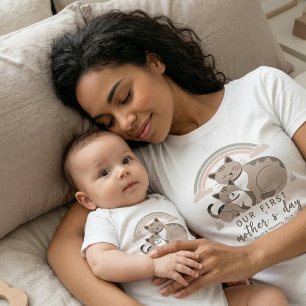 Camiseta Mãe Gata Filhote Primeiro Dia das Mães Pastel Arco