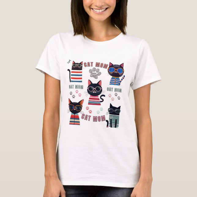 Camiseta Mãe Gato - Design de Bonita e Cozinha para Pássaro (Frente)